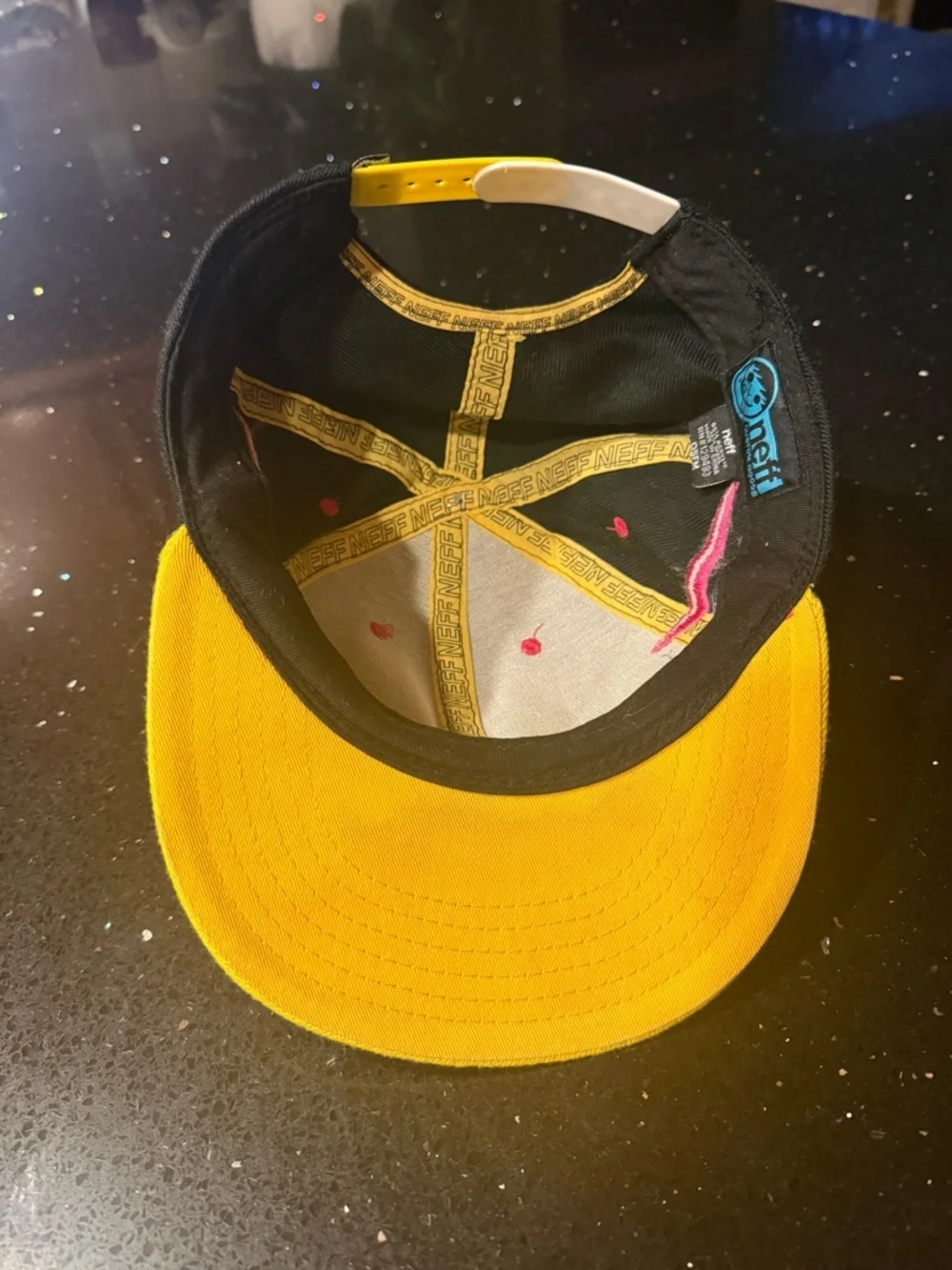 Neff Black Snapback Hat with Yellow Brim and Pink Accents - Picture 5 of 5